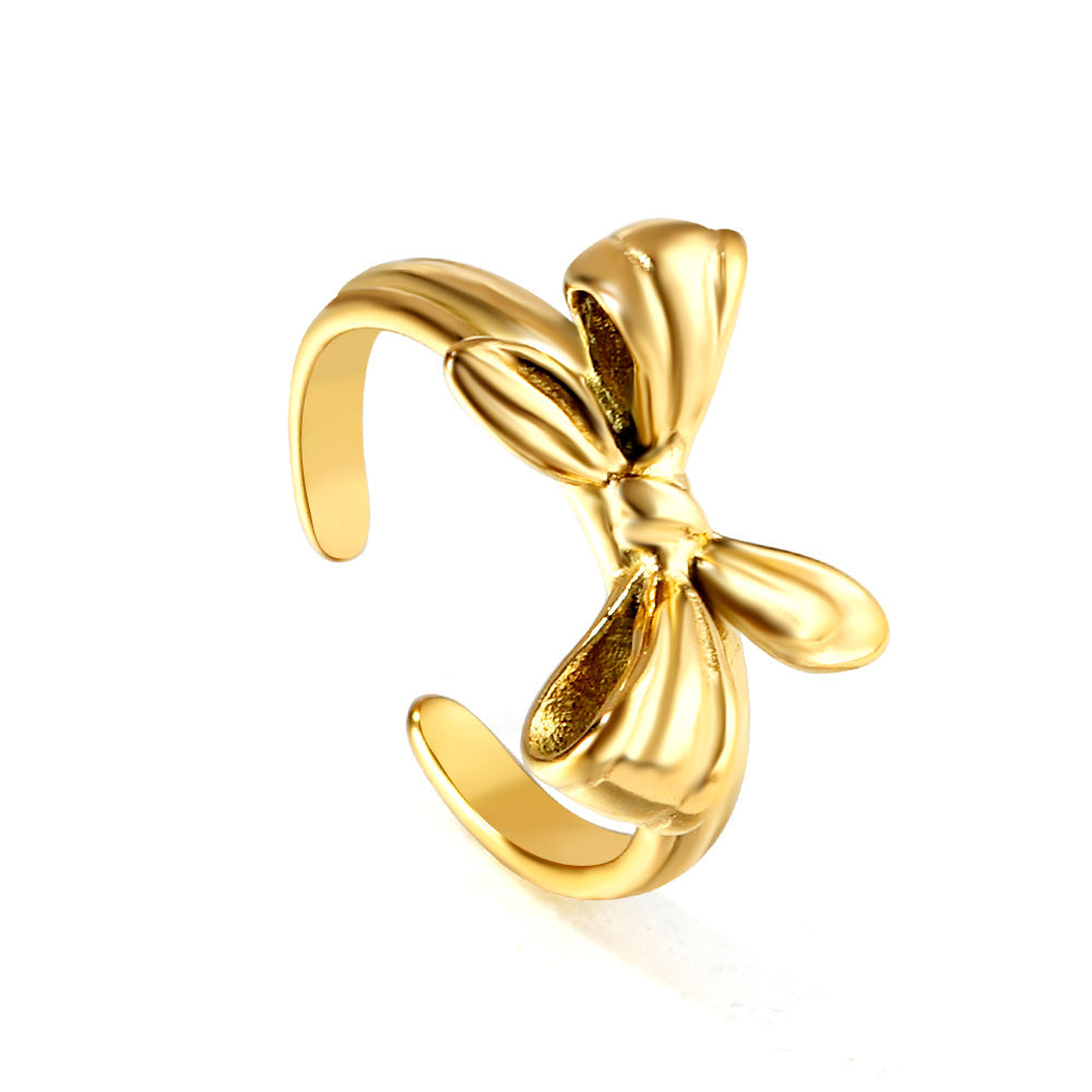Light luxury aesthetic stainless steel casting jewelry 18k gold three-dimensional bow ring manufacturers asonjewelry